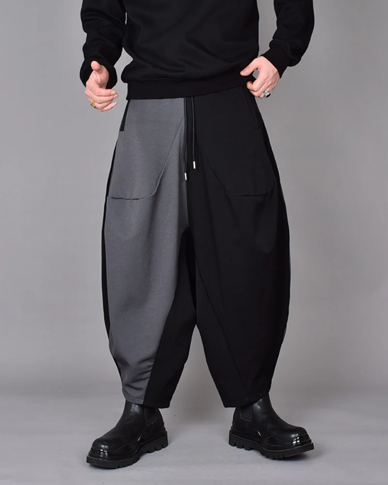 Streetwear Contrast Color Harem Crop Hakama Pants - Image 3