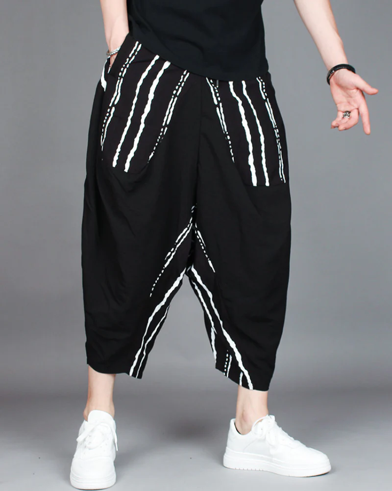 Streetwear Contrast Color Harem Crop Hakama Pants - Image 6