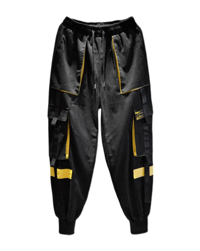 Streetwear Ribbon Patchwork Black Cargo Pants - Image 2
