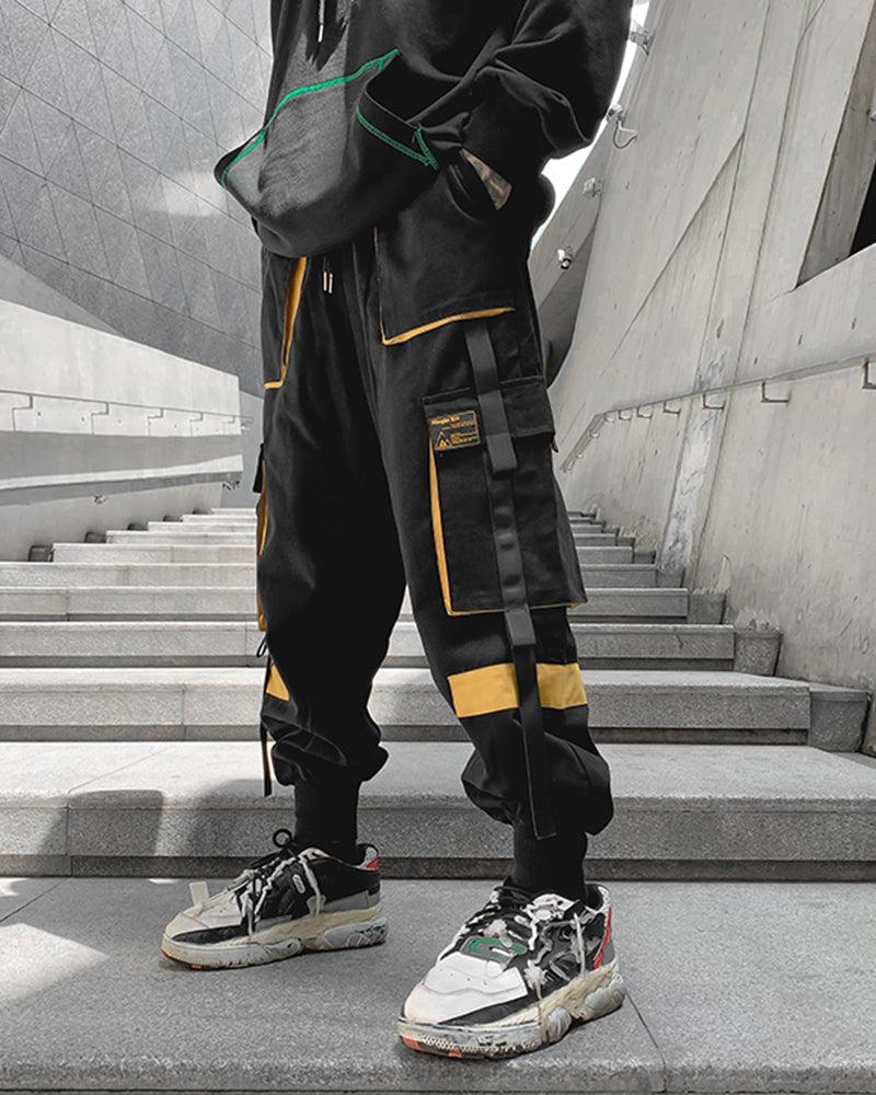 Streetwear Ribbon Patchwork Black Cargo Pants - Image 3