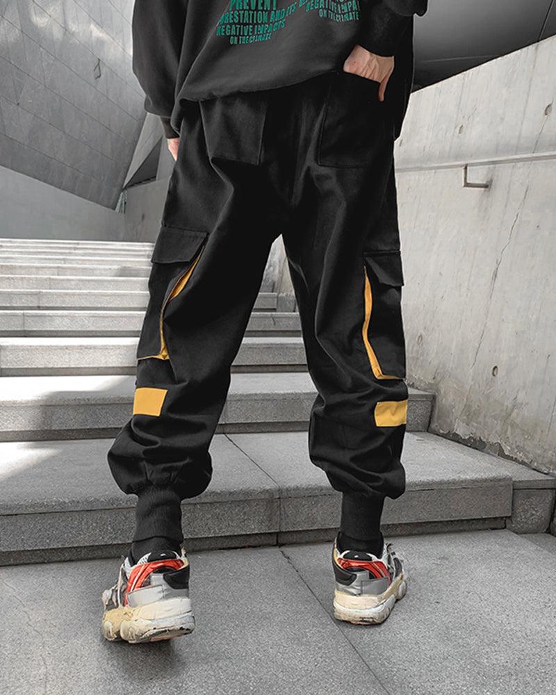 Streetwear Ribbon Patchwork Black Cargo Pants - Image 4