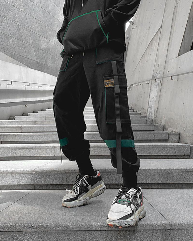 Streetwear Ribbon Patchwork Black Cargo Pants - Image 7