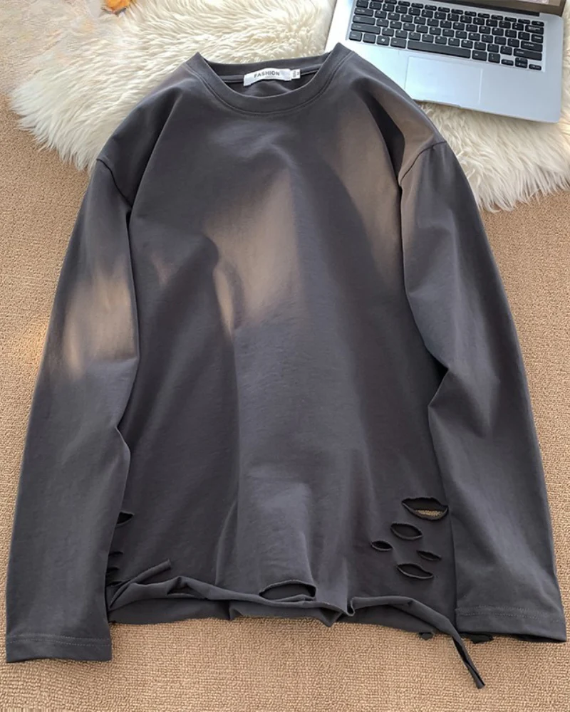 Streetwear Ripped Casual Base Layer Long Sleeve T-Shirt - Image 4