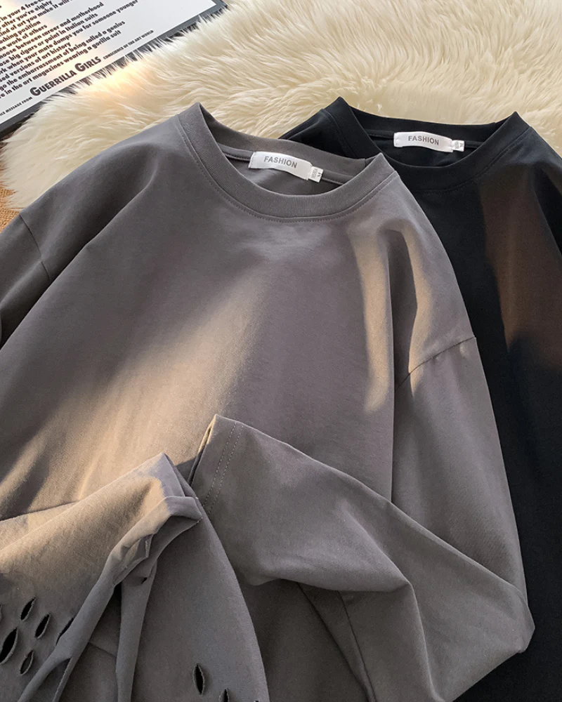 Streetwear Ripped Casual Base Layer Long Sleeve T-Shirt - Image 6
