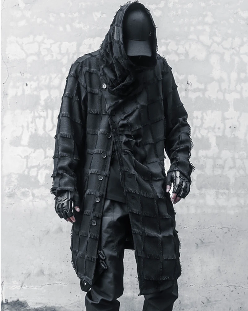 Streetwear Stripe Lattice Fringe Long Coat - Image 3