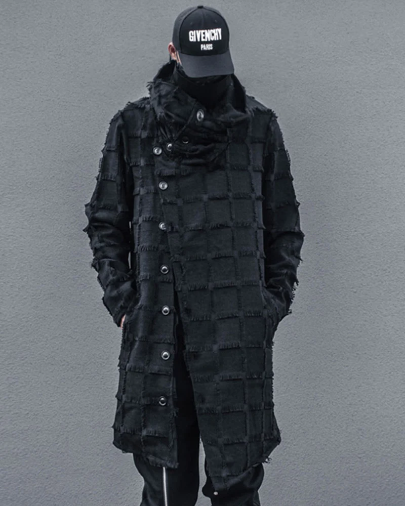 Streetwear Stripe Lattice Fringe Long Coat - Image 4