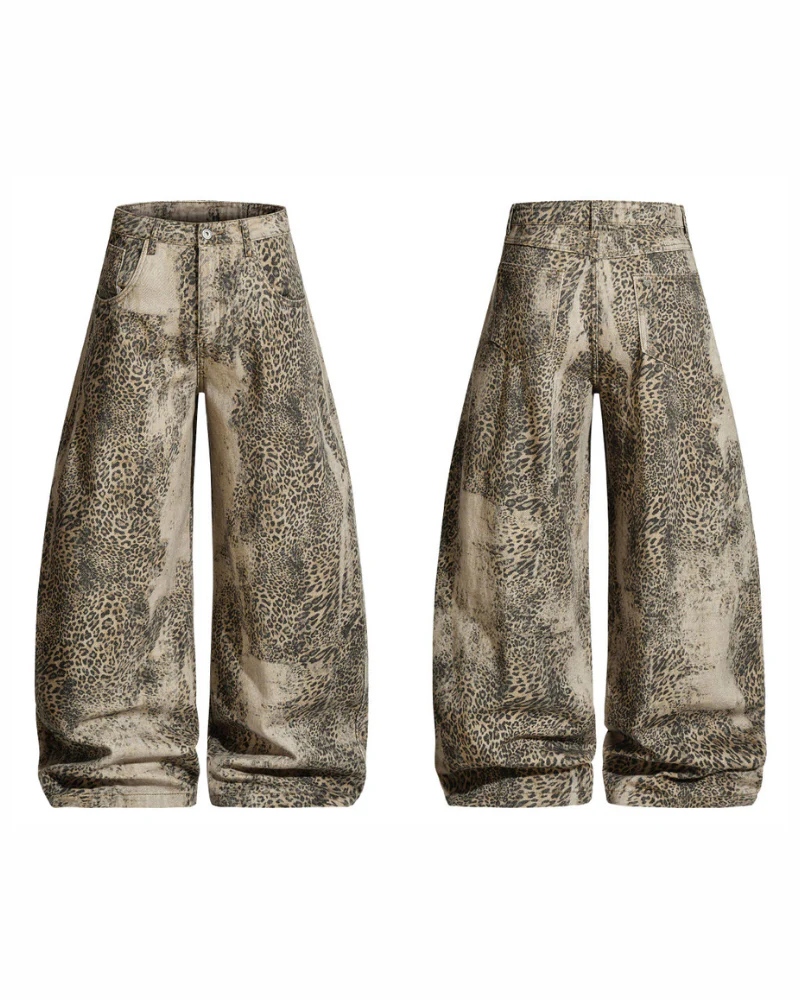 Streetwear Unisex Loose-Fit Curved-Hem Leopard Jeans - Image 6