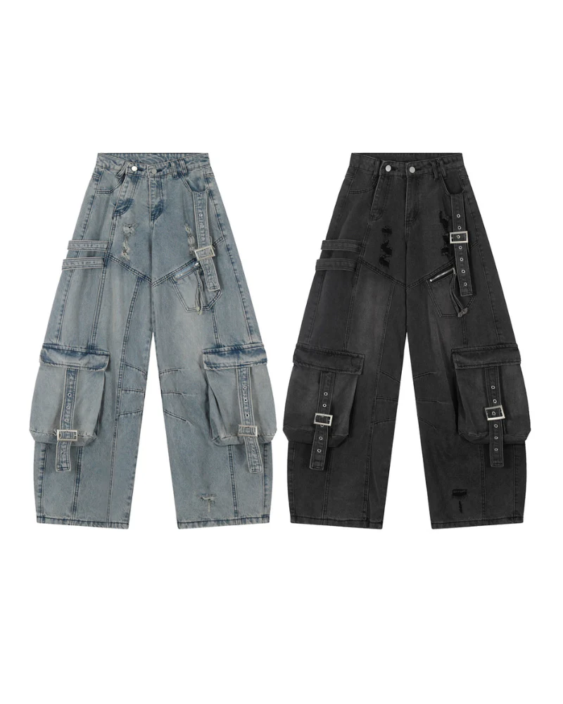 Streetwear Washed Ripped Women Denim Cargo Pants - Image 2