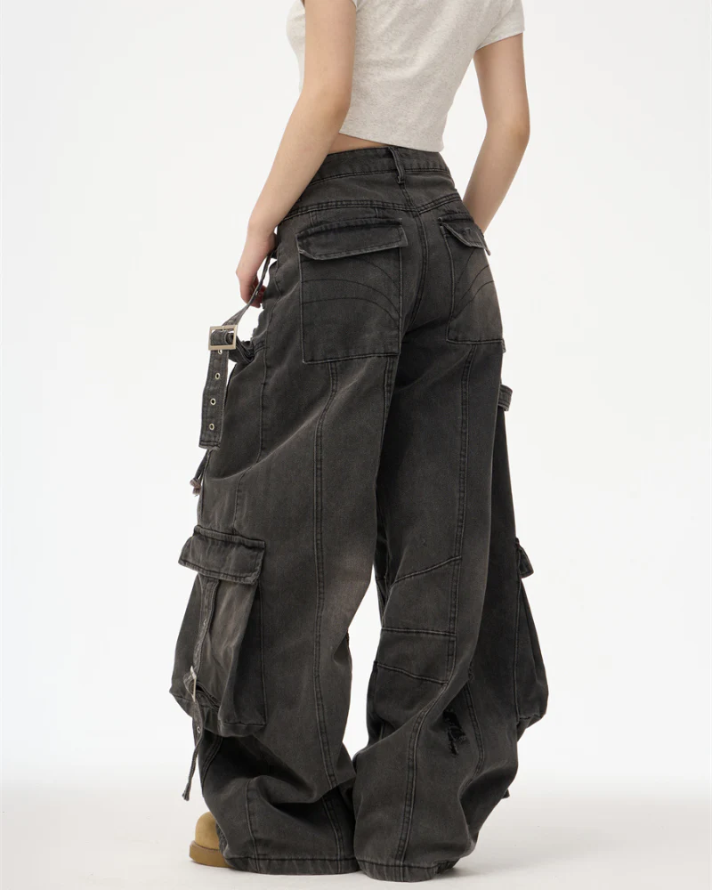 Streetwear Washed Ripped Women Denim Cargo Pants - Image 4