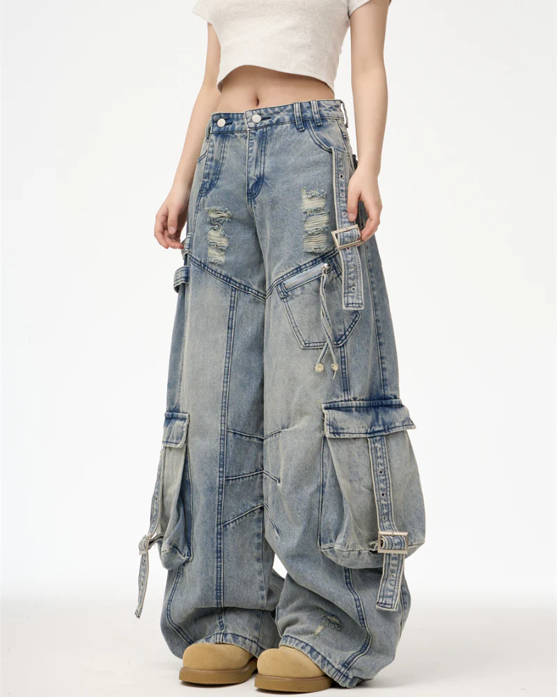 Streetwear Washed Ripped Women Denim Cargo Pants - Image 5