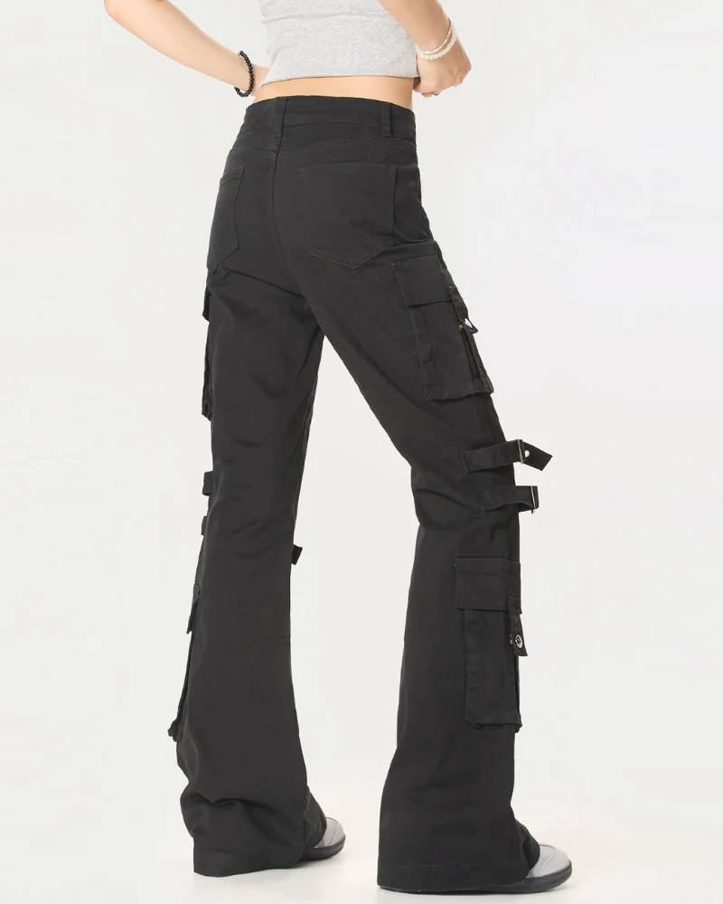 Streetwear Women Buckle Strap Flared Cargo Pants - Image 7