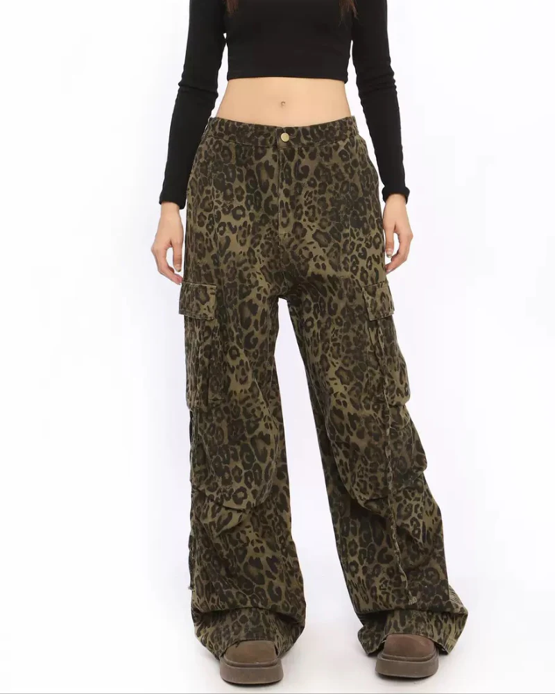 Streetwear Women’s High-Waist Cargo Leopard Jeans - Image 2