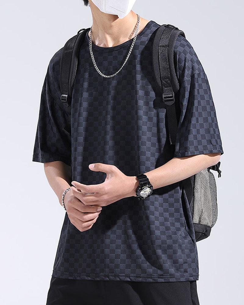 Oversize Summer Holidays Ice Silk Checkerboard T-Shirt - Image 7