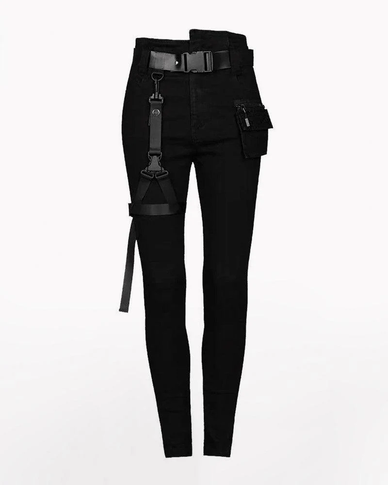Techwear Black Women Buckle Cargo Punk Pants