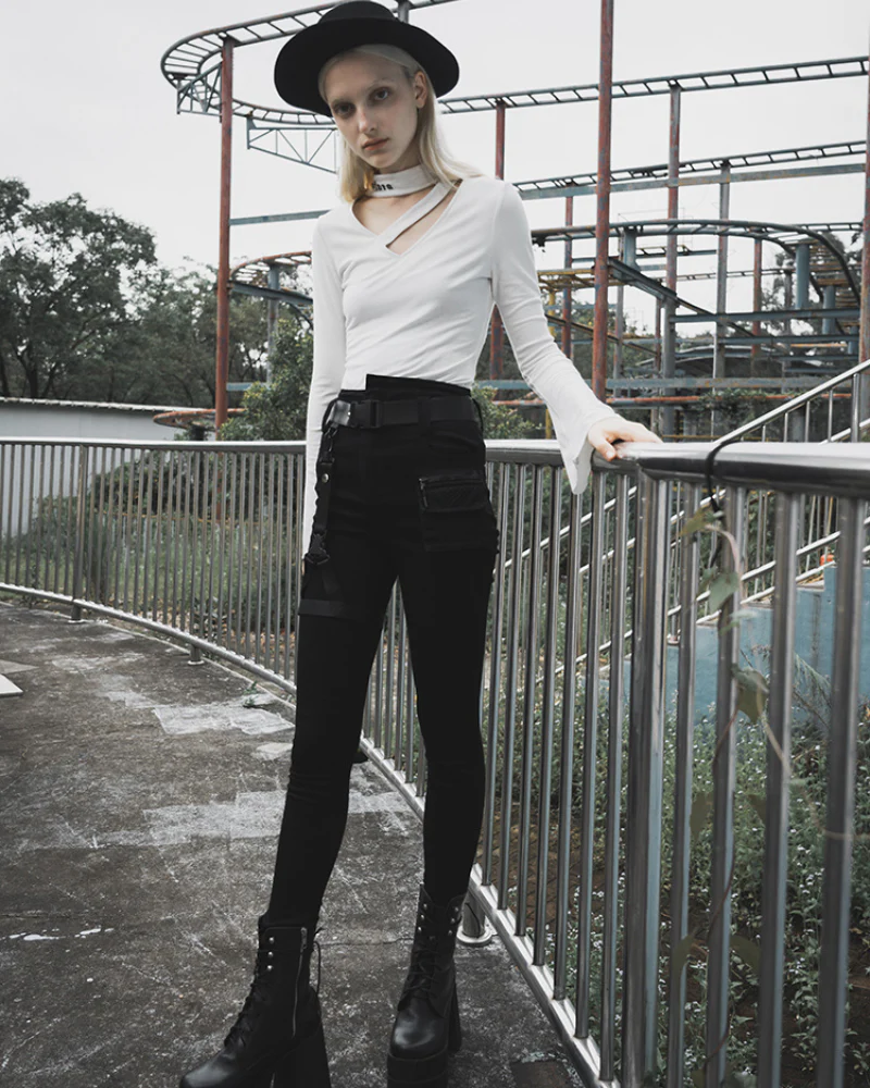 Techwear Black Women Buckle Cargo Punk Pants - Image 6
