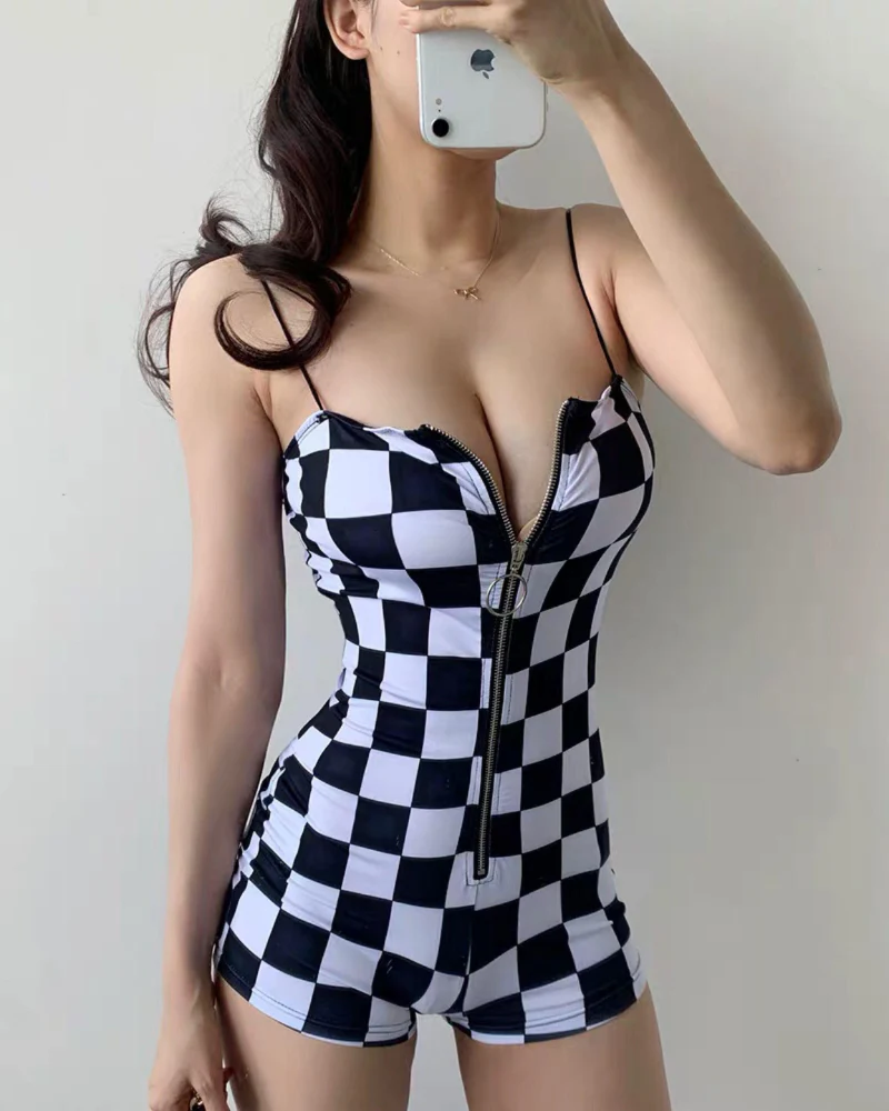 Techwear Buckle Belt Checkered Shorts Bodysuit - Image 4