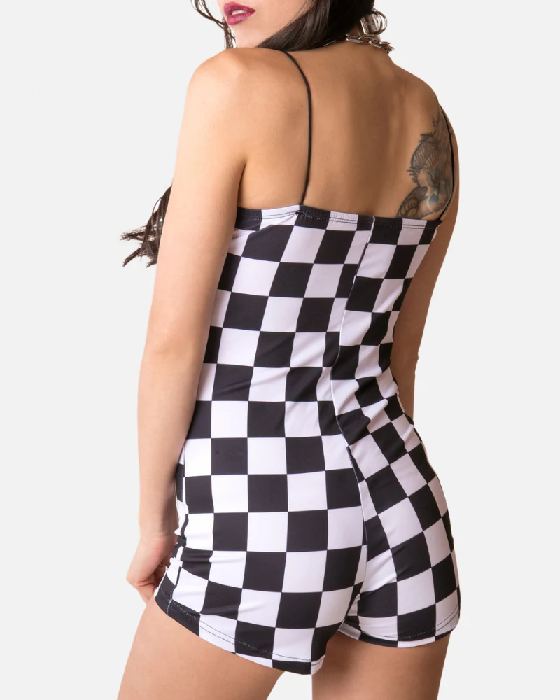 Techwear Buckle Belt Checkered Shorts Bodysuit - Image 6