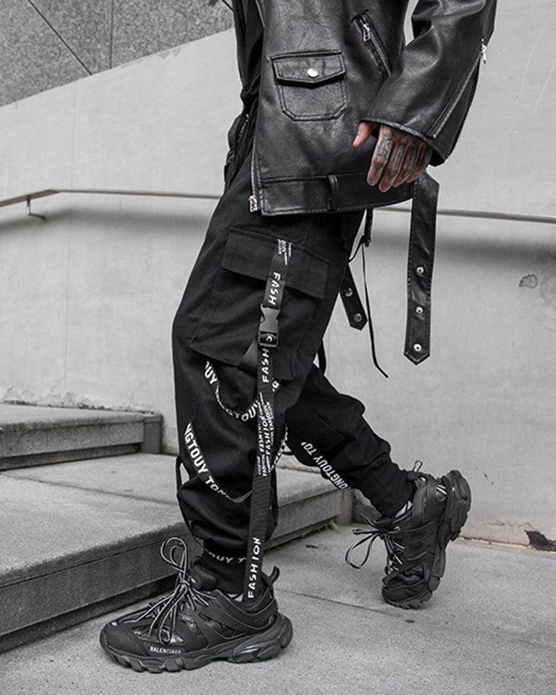 Techwear Multi-Ribbon Black Cargo Pants - Image 6