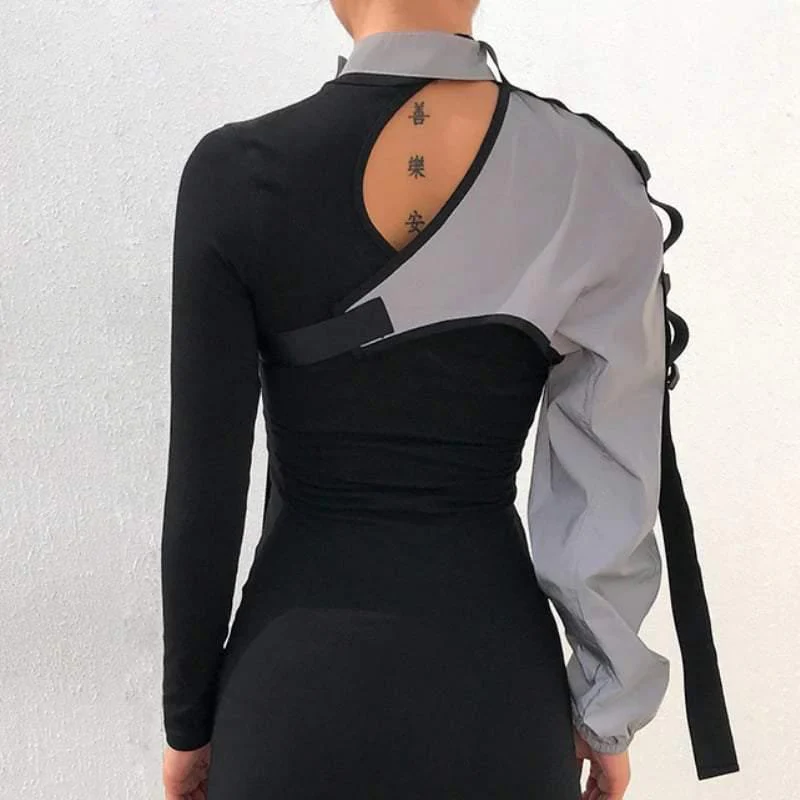 Techwear One Shoulder Sleeve Reflective Buckle Top - Image 8