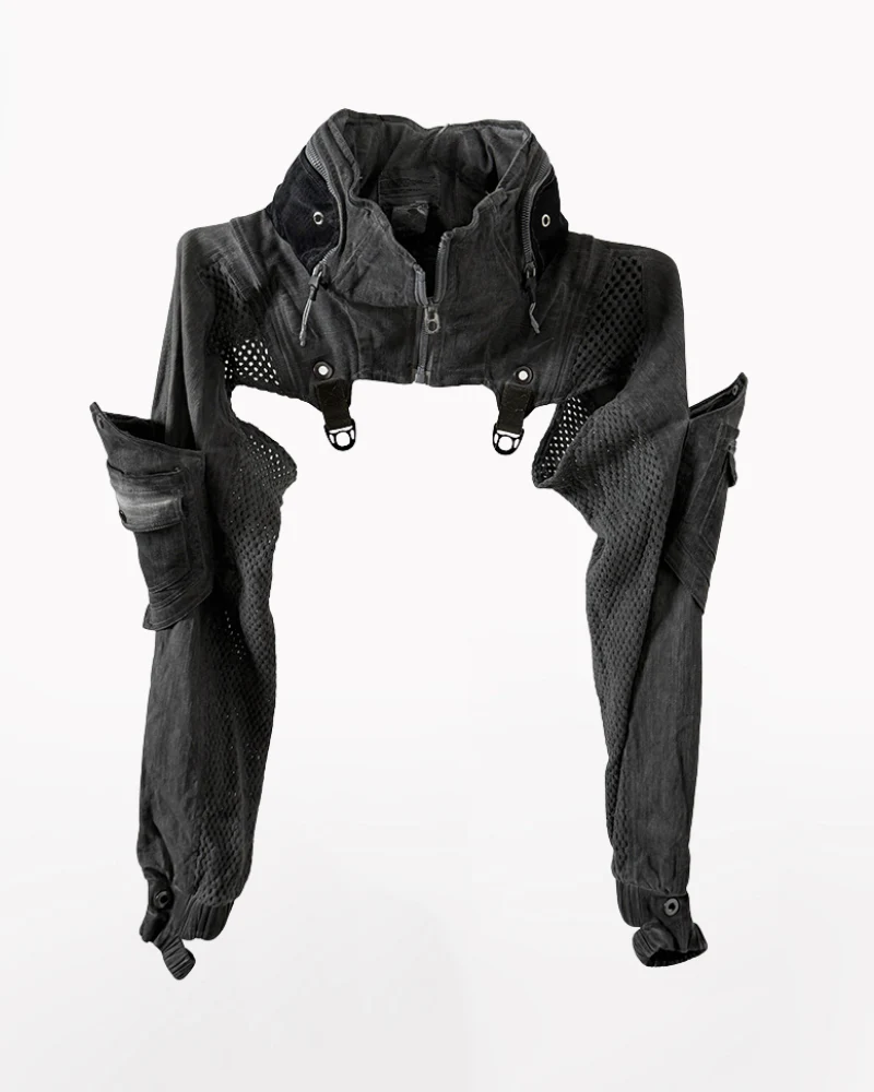 Techwear Post-Apocalyptic Hooded Mesh Color-Block Cape Jacket - Image 2