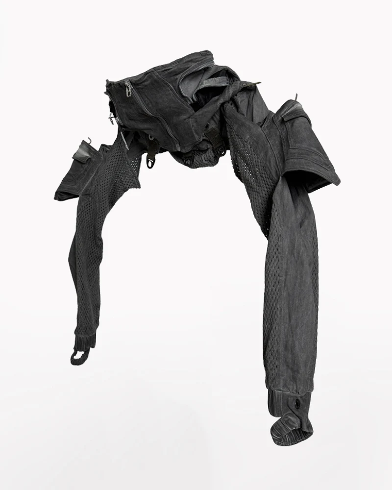 Techwear Post-Apocalyptic Hooded Mesh Color-Block Cape Jacket - Image 3