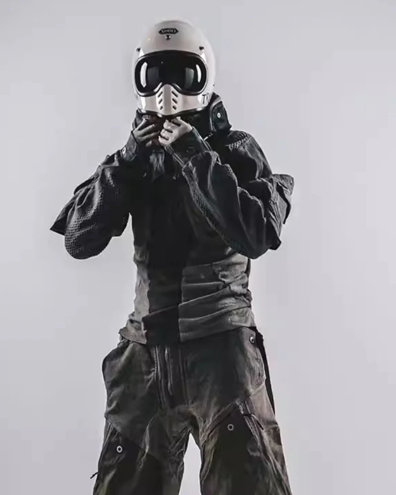 Techwear Post-Apocalyptic Hooded Mesh Color-Block Cape Jacket - Image 4