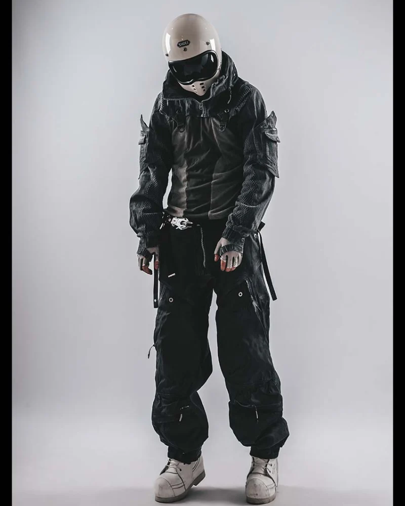 Techwear Post-Apocalyptic Hooded Mesh Color-Block Cape Jacket - Image 7