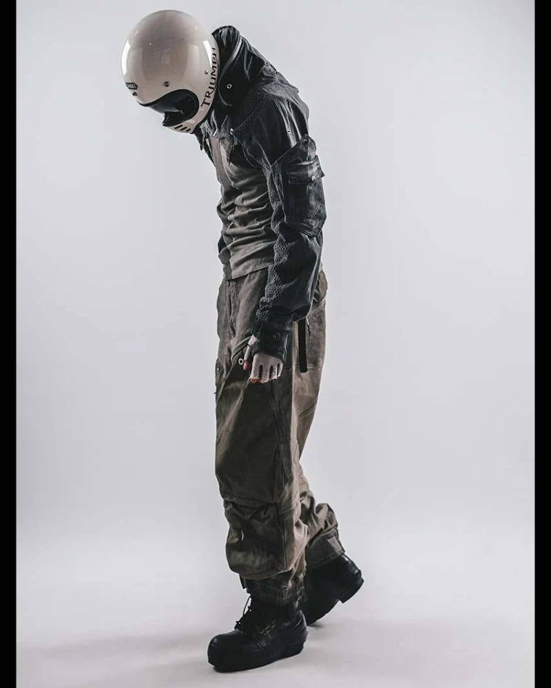 Techwear Post-Apocalyptic Hooded Mesh Color-Block Cape Jacket - Image 9