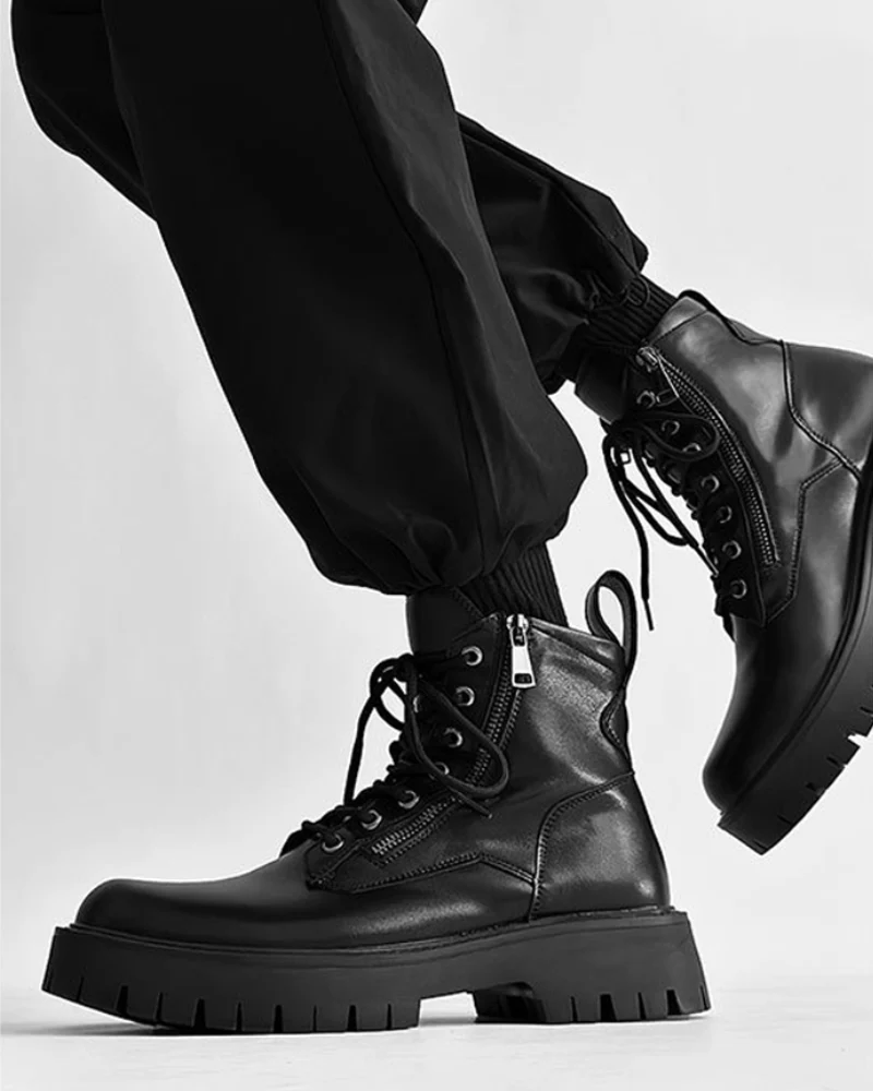 Techwear Side Zip High-Top PU Motorcycle Boots - Image 3
