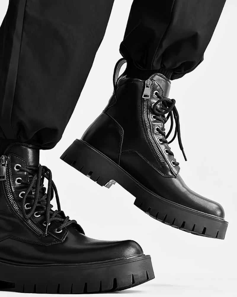 Techwear Side Zip High-Top PU Motorcycle Boots - Image 4
