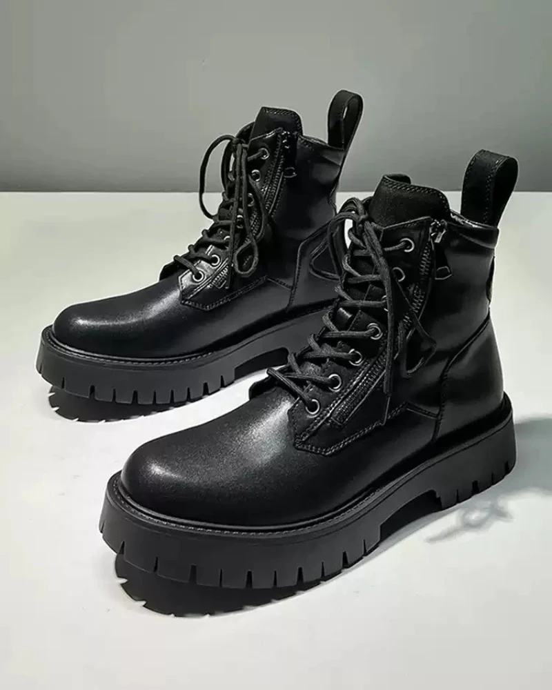 Techwear Side Zip High-Top PU Motorcycle Boots - Image 7