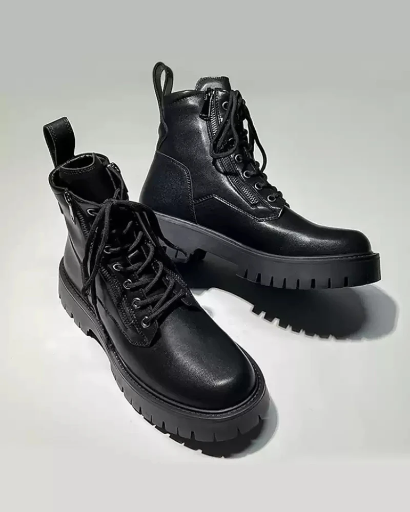 Techwear Side Zip High-Top PU Motorcycle Boots - Image 9