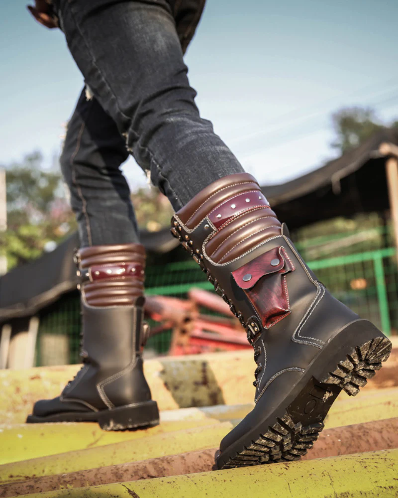 Techwear Unisex Motorcycle Black Knee High Boots - Image 3