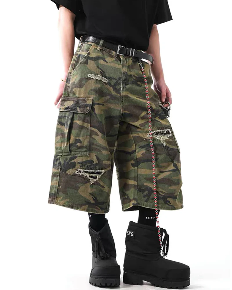 Vintage Distressed Unisex Camo Utility Shorts - Image 4