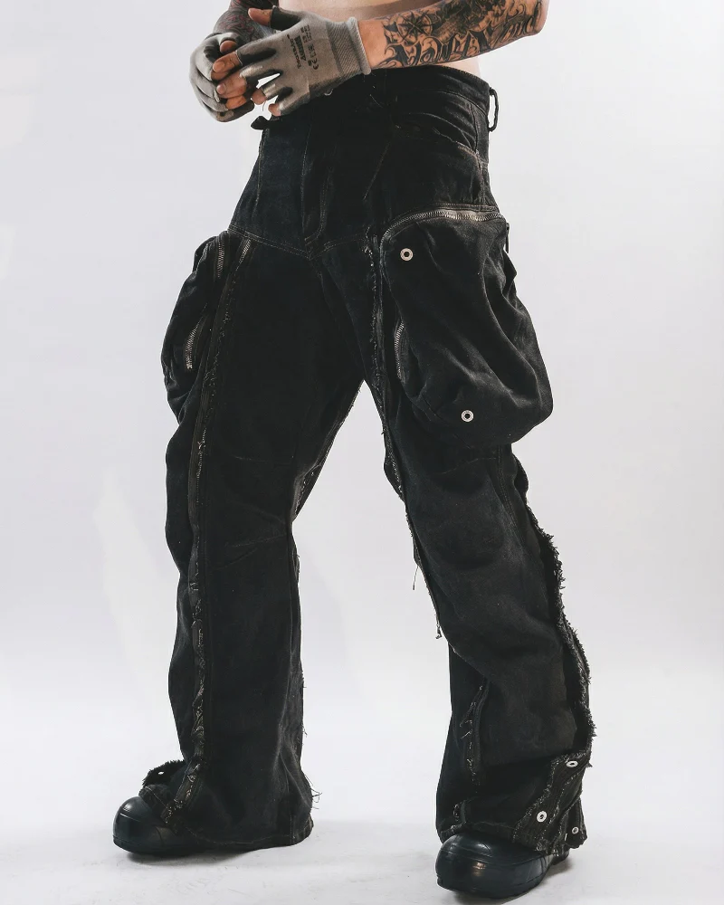 Wasteland Streetwear Distressed Cotton Wide Leg Cargo Pants