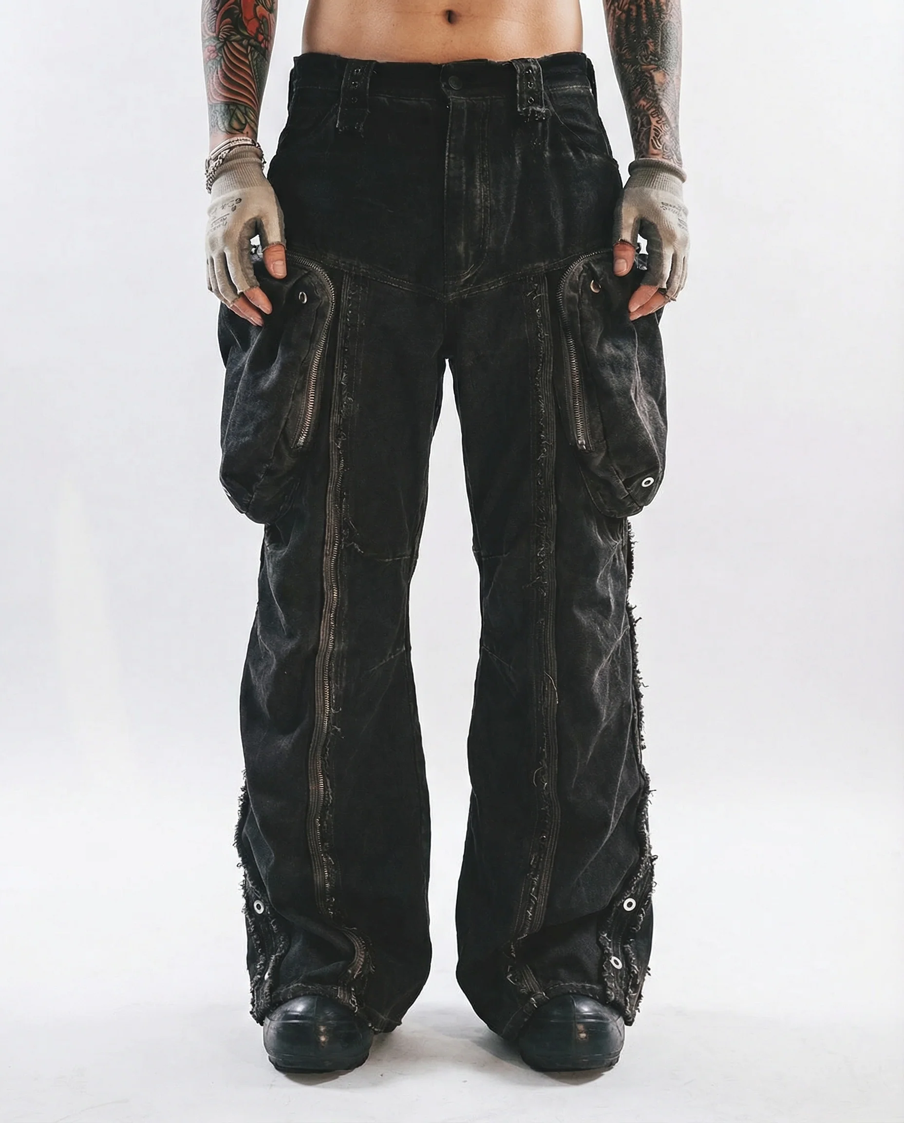 Wasteland Streetwear Distressed Cotton Wide Leg Cargo Pants - Image 3
