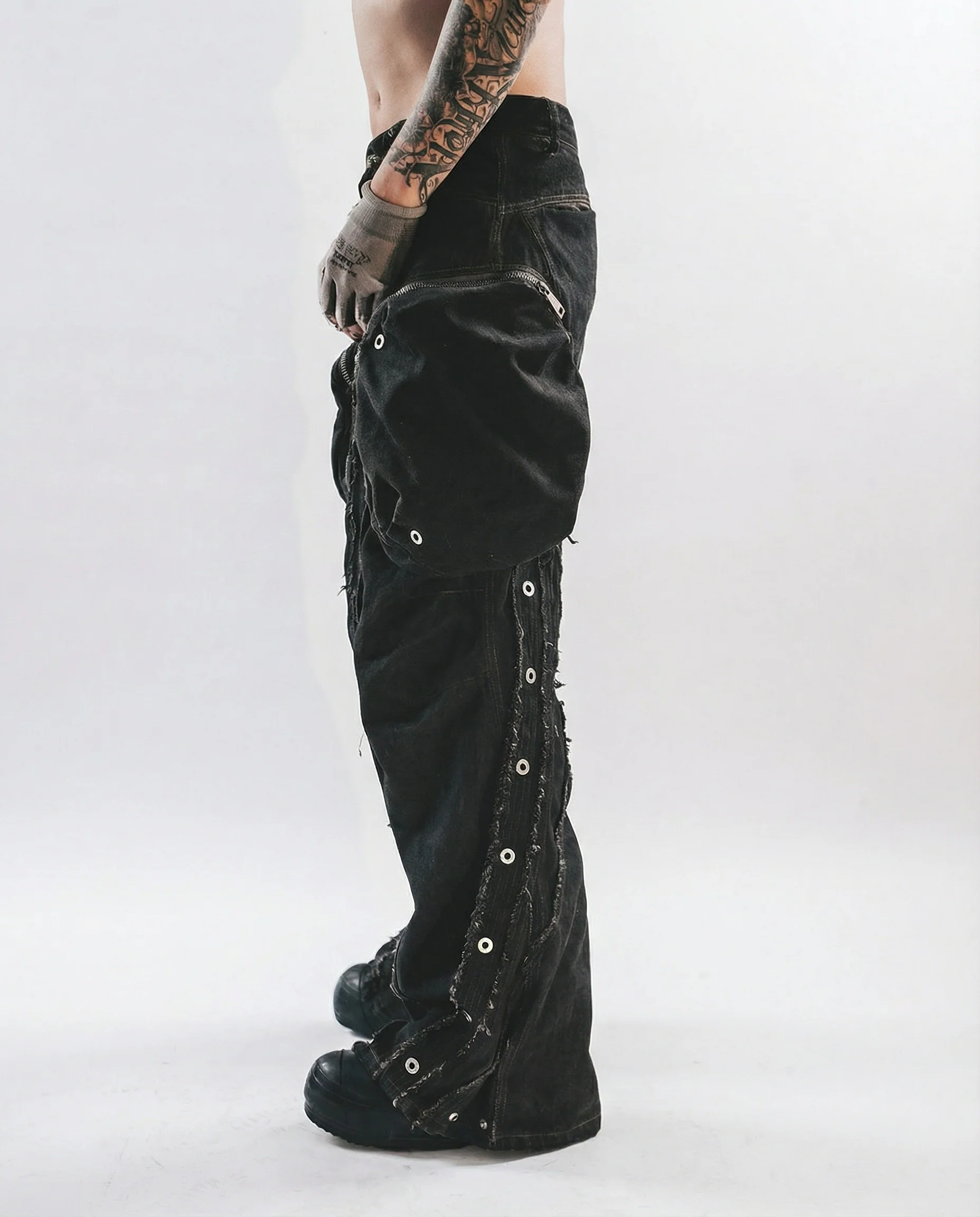 Wasteland Streetwear Distressed Cotton Wide Leg Cargo Pants - Image 4