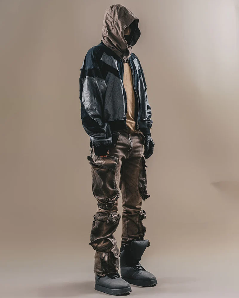 Wasteland-Style Distressed Layered Patchwork Zip-Up Hoodie - Image 9