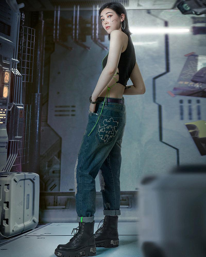 XIPHEVIL Cyberpunk Laser Destroyed Unisex Y2K Jeans - Image 9