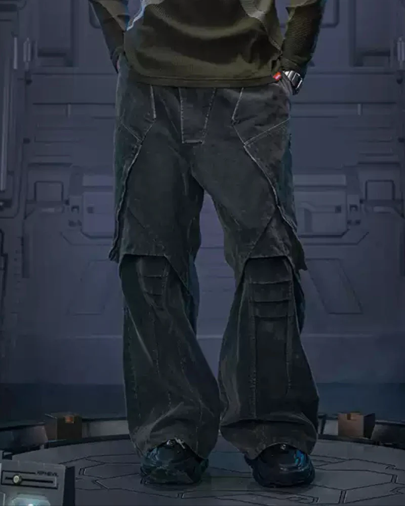 XIPHEVIL Cyberpunk Outfits Heavy Duty Loose Velvet Denim Pants